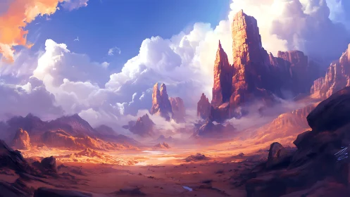 Sunlit desert towers rise calmly beneath towering clouds