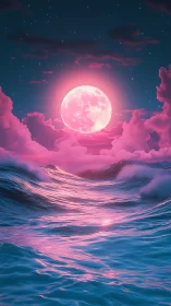 Neon full moon rising over iridescent pink twilight waves.