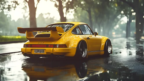 Yellow sports car waits on a rainy tree-lined boulevard