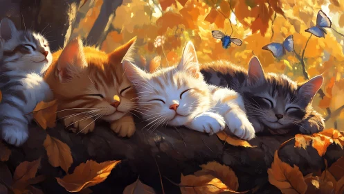 Felids in Autumnal Repose: Four Felines Amid Golden Foliage.