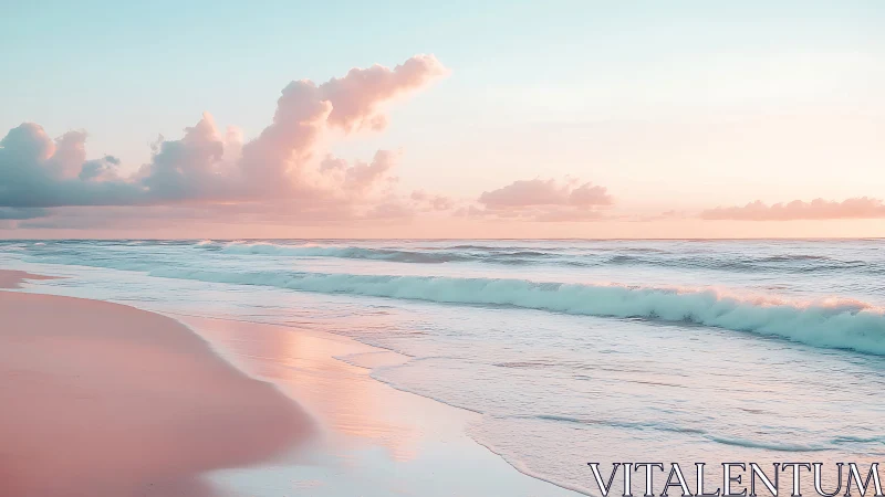 Pastel sunrise surf along a tranquil reflective shore.