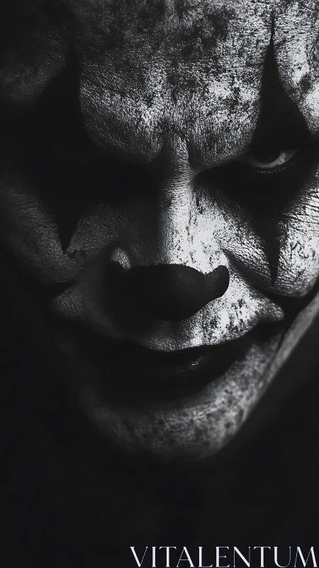 Monochrome close-up of sinister clown face in hard chiaroscuro