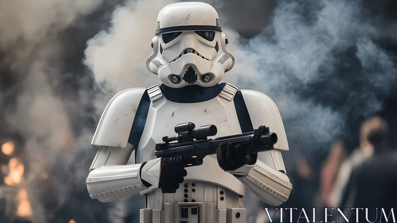 Armored sci-fi soldier stands ready amid drifting smoke.