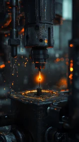 Industrial drill head over molten contact point in wet workshop