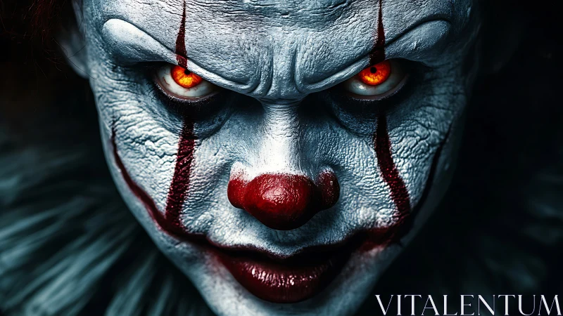 Sinister clown gaze carves burning terror through the dark