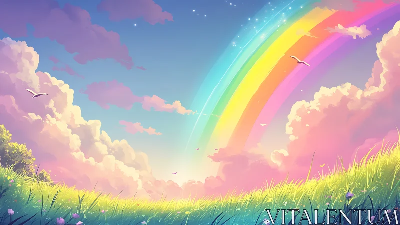 Bright rainbow over sunlit meadow and pastel clouds.