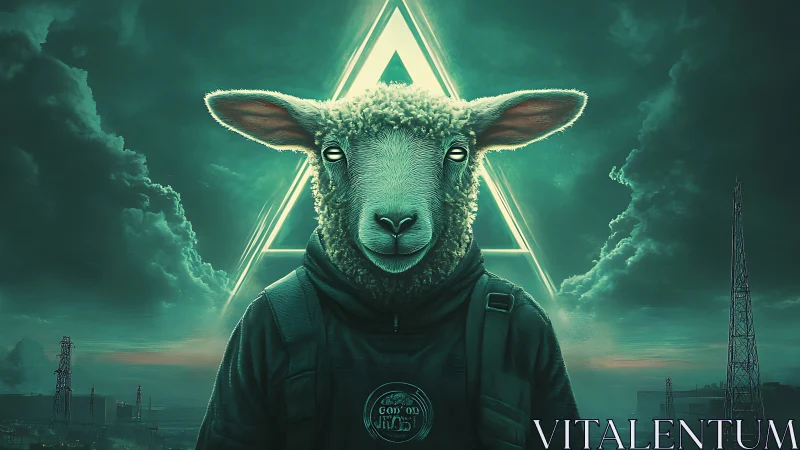Sheep-headed figure stands against neon triangle in sky