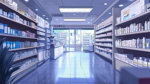 Pharmacy interior shows orderly product shelves and bright aisle