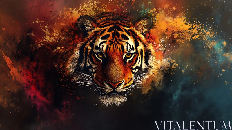 Tiger face emerges through splashes of fiery abstract color.