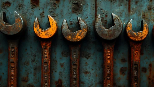 Weathered wrenches lined in warm, rusty workshop charm.
