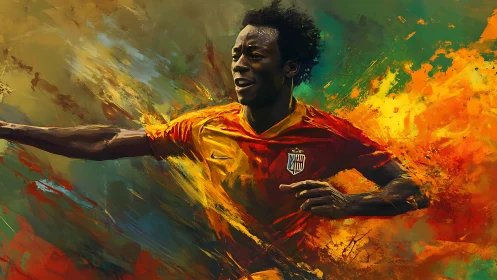 Dynamic digital painting of soccer player in orange kit.