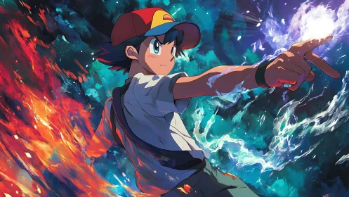 Dynamic anime hero commands opposing elemental energy fields