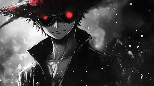 Dark anime figure in hat with glowing red eyes stands calm.