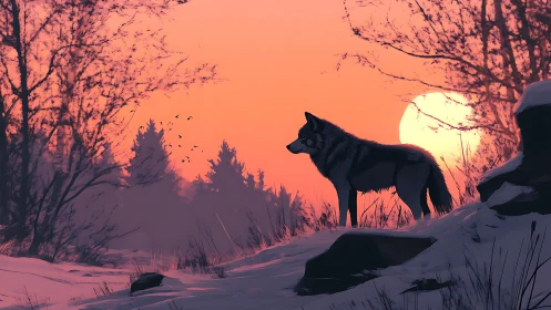 Lone duskwolf surveying snowlit forest horizons in emberglow.