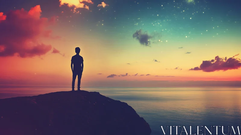 Silhouette watches surreal sunset sky above calm ocean