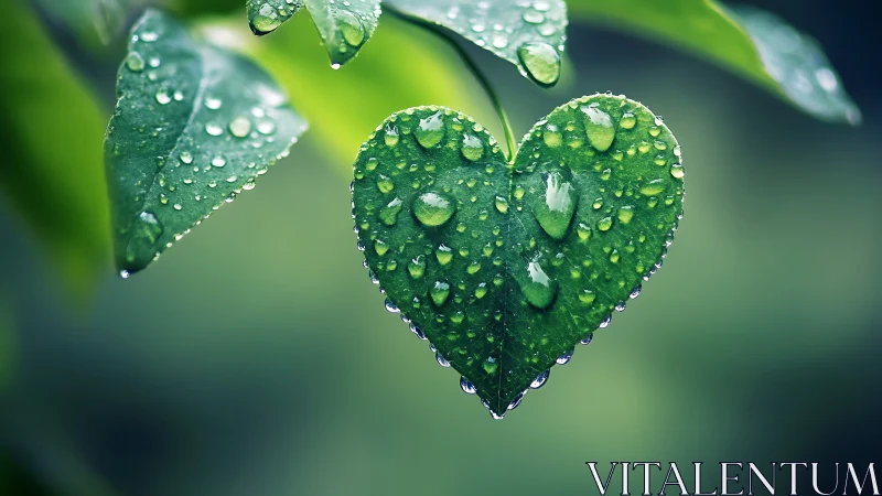 Heart-shaped green leaf with raindrops in macro focus.