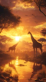 Golden-hour giraffes stand beside a tranquil African river