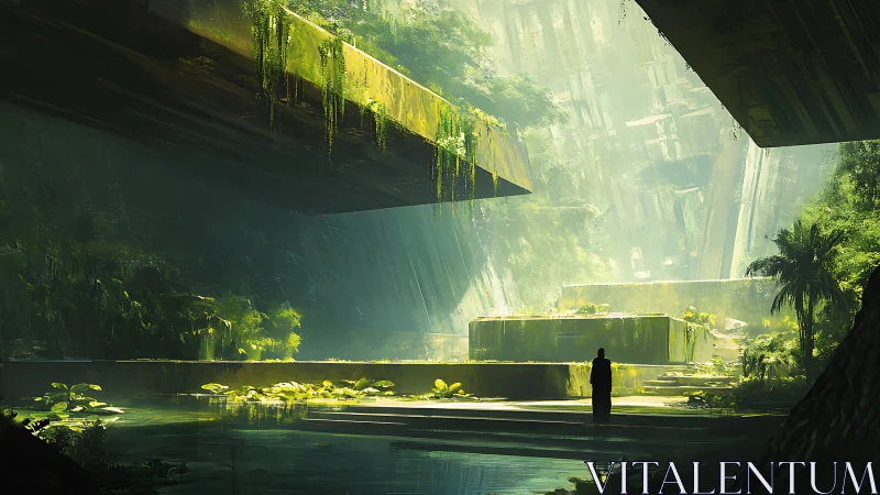 Submerged Architecture with Vegetation and Solitary Figure