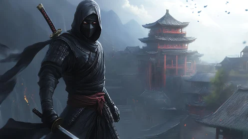 Hooded ninja watches over misty fortress city at dawn.