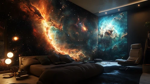 Cosmic nebula mural transforms a modern bedroom retreat.
