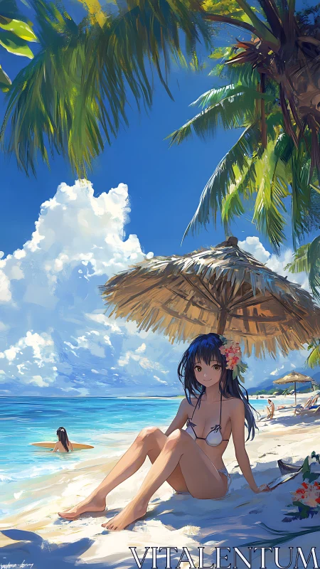 Anime beach scene with girl under straw parasol in sunlight