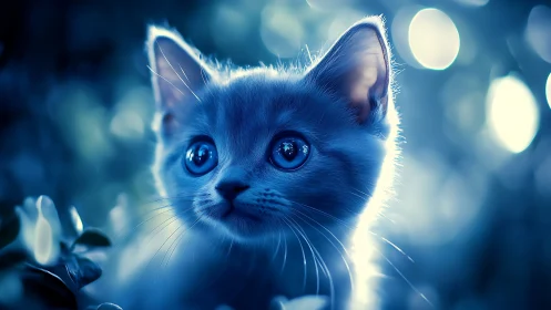 Luminous Blue Cat Portrait. Enchanted Night.