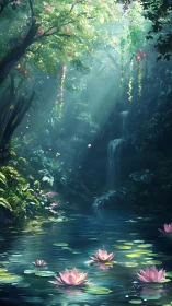 Sunlit lily pond hidden in a dream-bright forest glade.