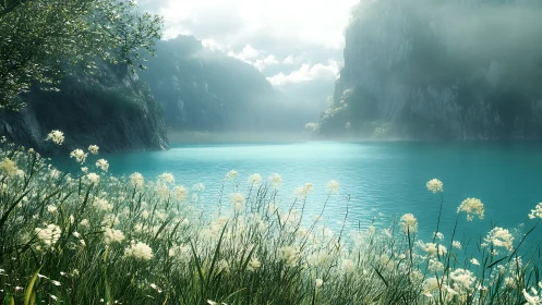 Turquoise mountain lake reflects misty cliffs and wildflowers