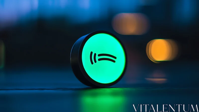 Glowing green audio icon rests on reflective surface at night