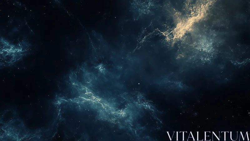 Deep dark space scene with glowing blue and gold nebula clouds