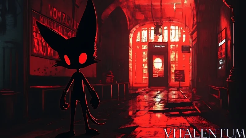 Shadowy cat silhouette haunts a crimson neon hallway.