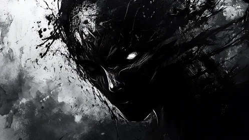 Monochrome abstract entity portrait with splattered ink chaos