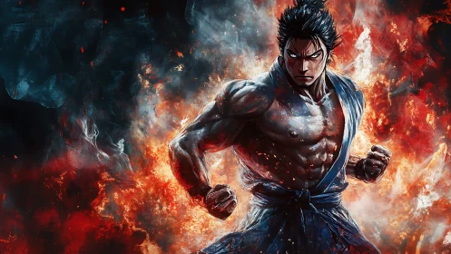 Fiery martial artist stands against swirling inferno backdrop.