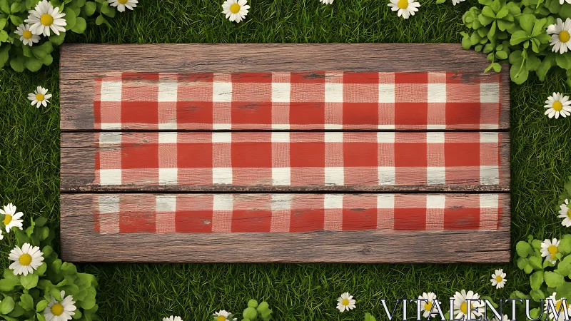 Red checkered wood panel on grass with white daisies border.