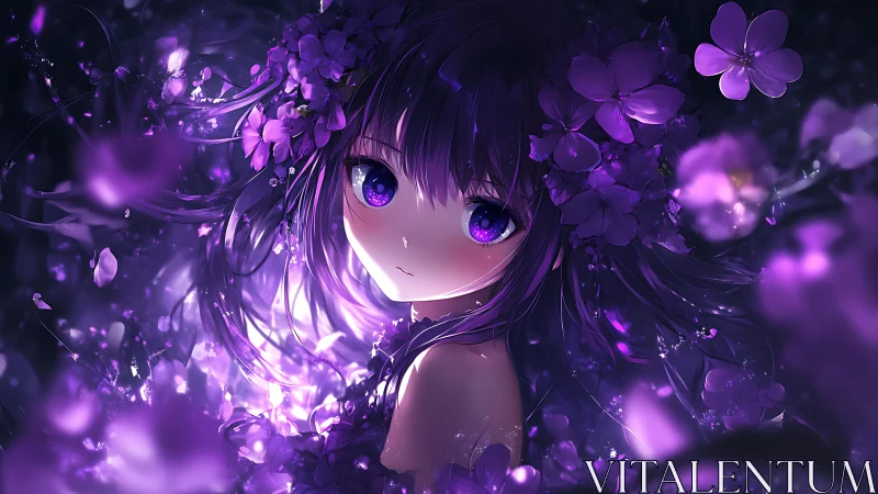 Purple-haired anime girl surrounded by glowing flowers.