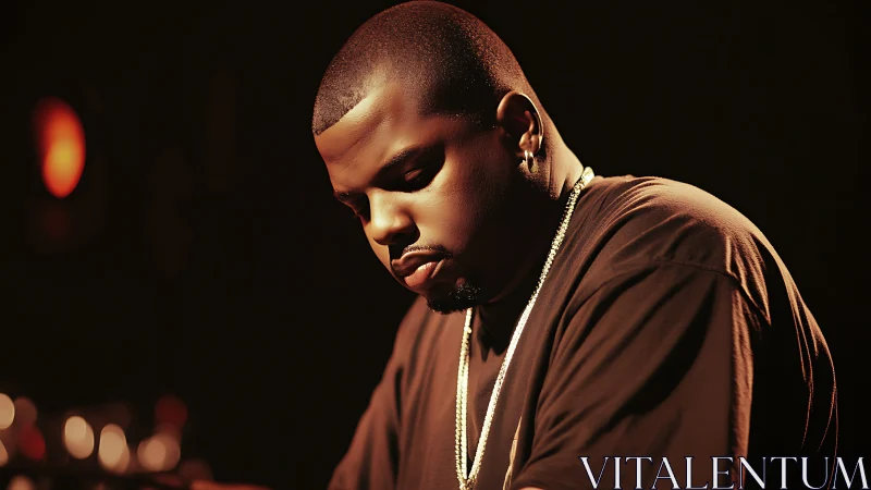 Moody studio portrait of pensive man under warm rim lighting