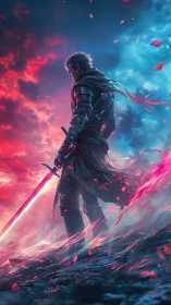 Armored swordsman in colored atmospheric landscape at dusk.