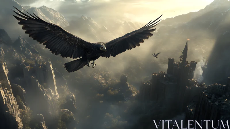 Giant eagle over misty fantasy mountains and fortress.