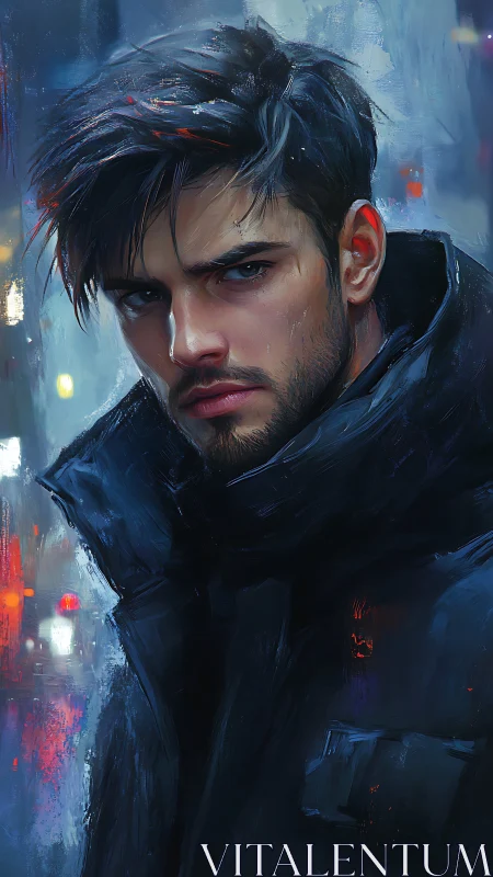 Brooding cyber-noir portrait in cold urban night lighting