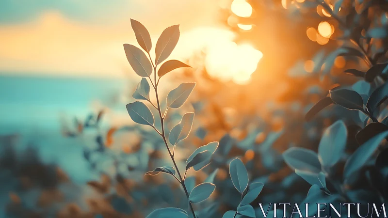 Sunlit Leaves in Soft Focus Nature Photography at Sunset.