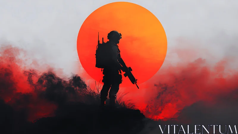 Soldier silhouette stands against blood-red war sun.