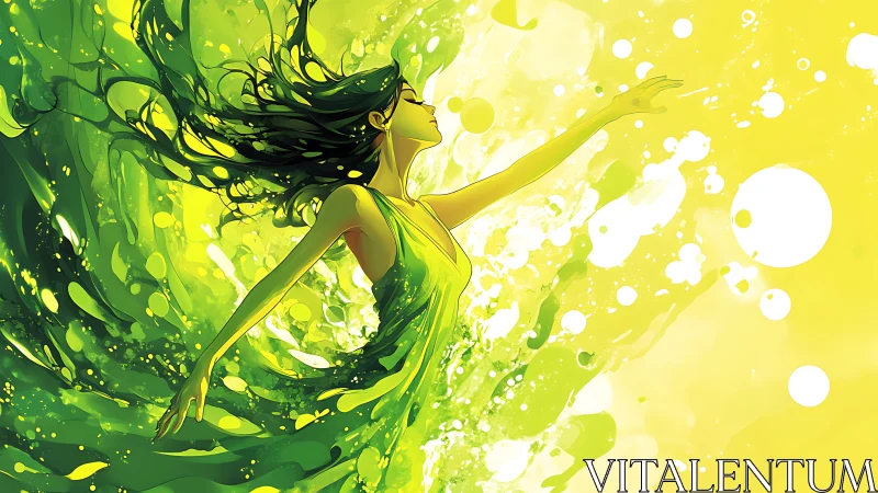 Woman in flowing green dress merges with luminous yellow splash