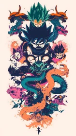 Saiyan warriors clash amid coiling dragons and cosmic fury.