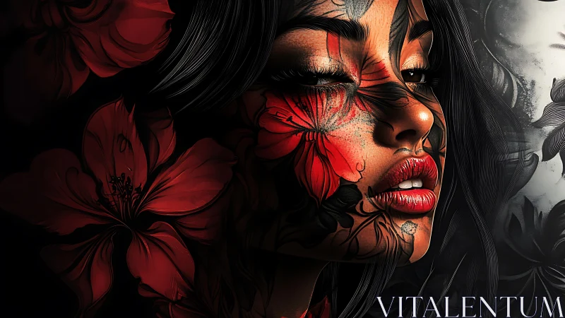 Crimson blossoms drift across her midnight-tinted stare tonight