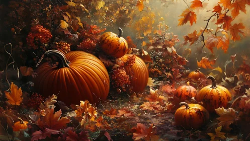 Autumn pumpkins resting among fallen golden leaves.