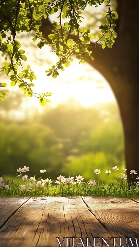 Backlit spring meadow with daisies and weathered wooden deck