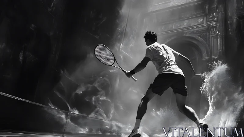 Monochrome tennis athlete in dynamic water-splash chiaroscuro.