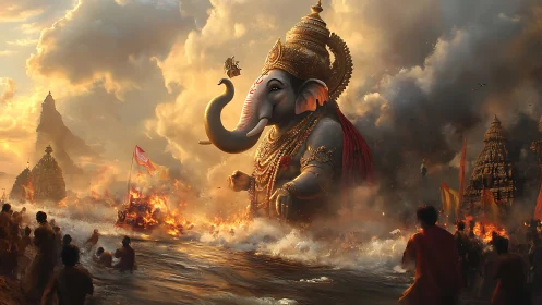 Gigantic Ganesh statue rises from the sea amid fiery ritual