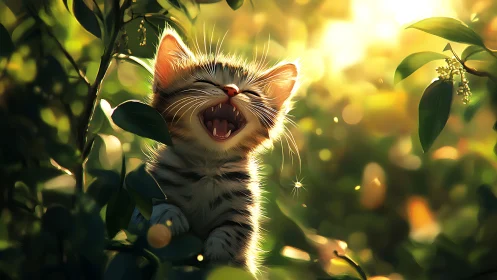 Feline specimen rendered in stylized 3D with yawning expression among foliage.