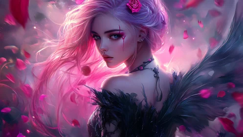 Chromatic fallen angel portrait with iridescent wing dynamics.